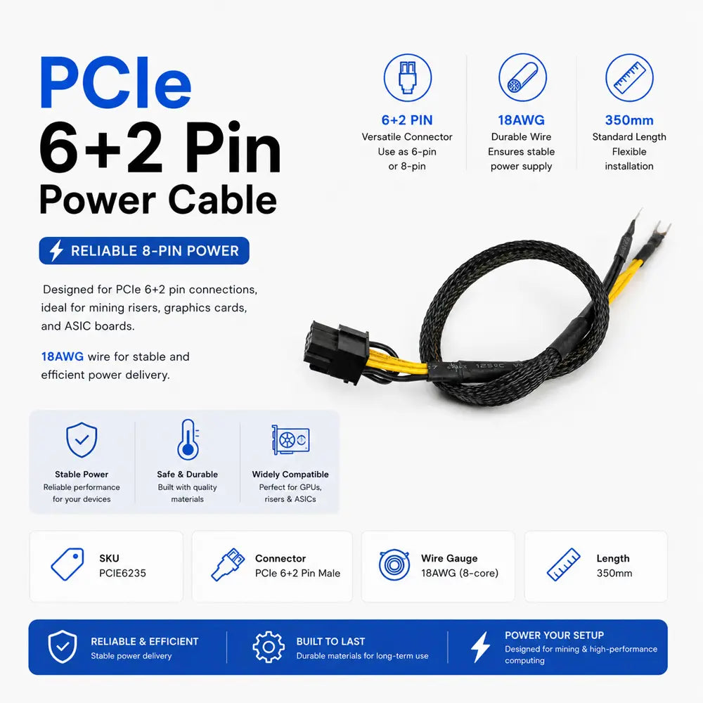 PCIe 6+2 Pin Power Cable - 18AWG, 350mm