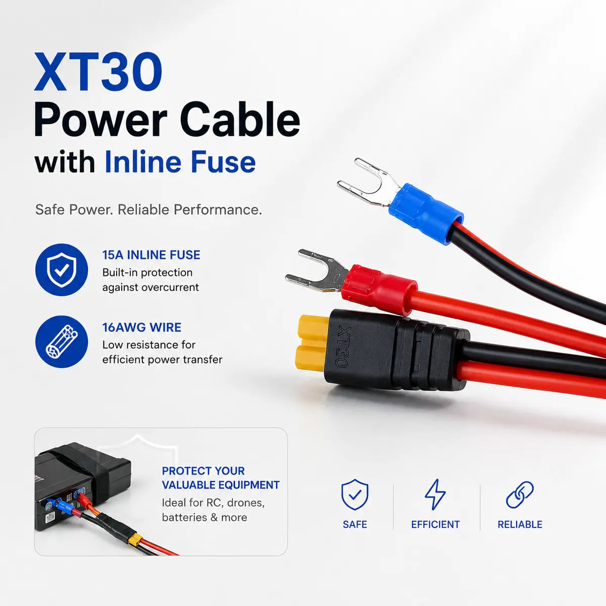 XT30 to XT30 Power Cable - 16AWG, 350mm, with 15A Fuse