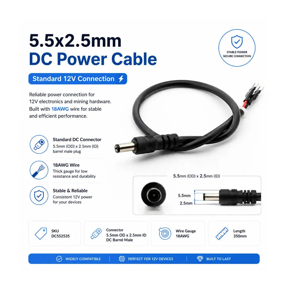 5.5x2.5mm DC Power Cable - 18AWG, 350mm